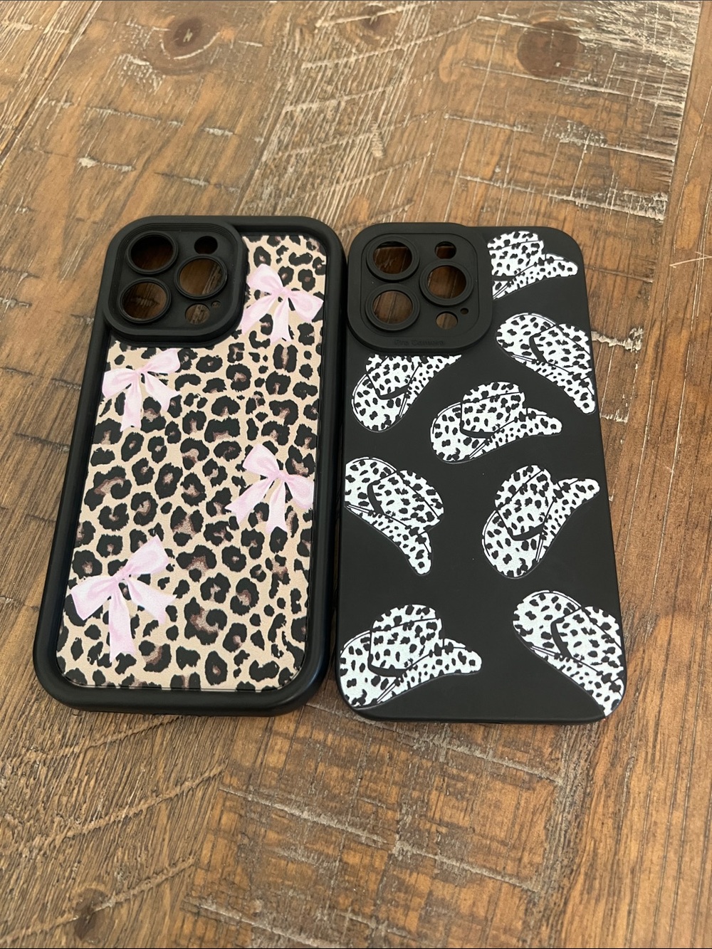 iPhone 14 Max Pro Leopard Print Phone Case Pink Bows - Black Trim & Cowboy hats